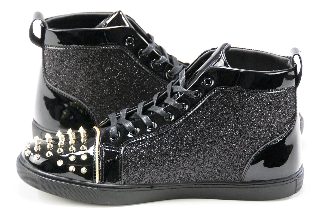 Men's Black And Gold Glitter Spiked High Top Sneakers