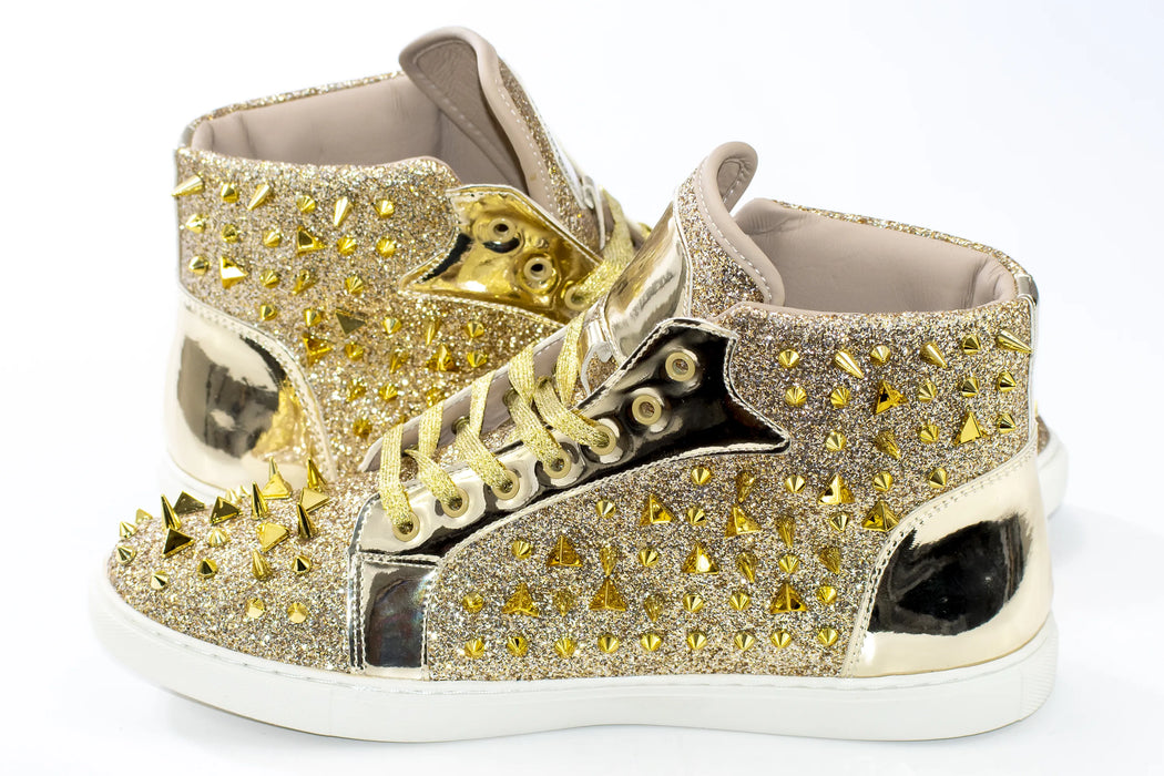 Gold Glittered Spiked High Top Sneakers - Quarter, Heel