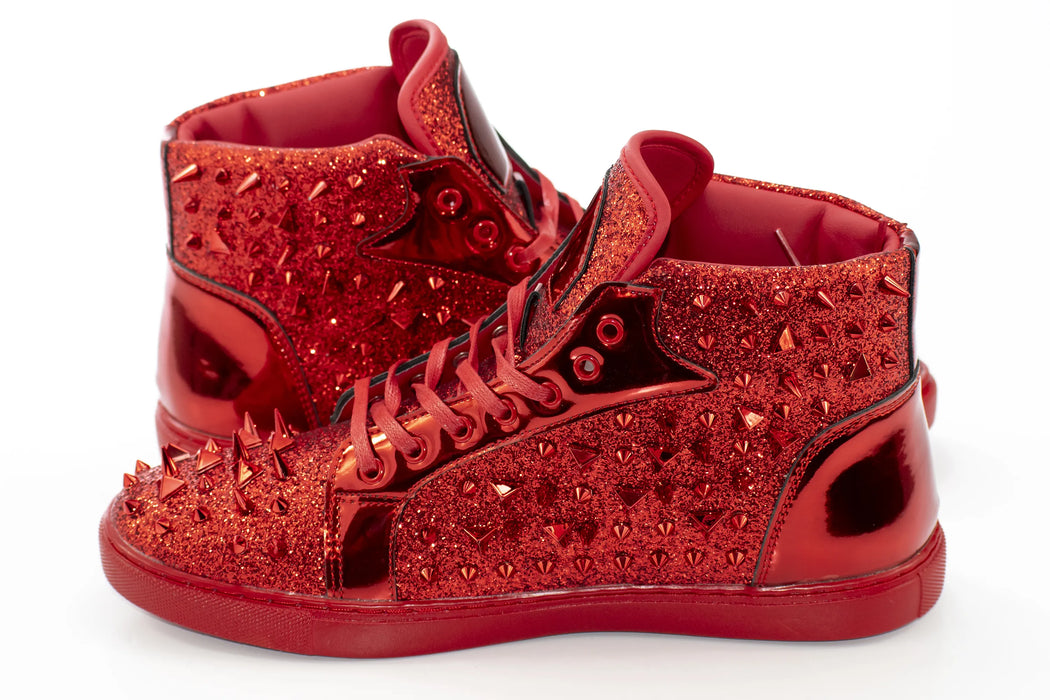 Red Glittered Spiked High Top Sneakers - Quarter, Heel