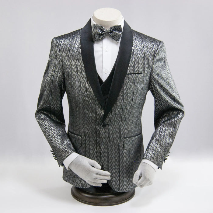 Silver Metallic Patterned 3-Piece Tailored-Fit Tuxedo