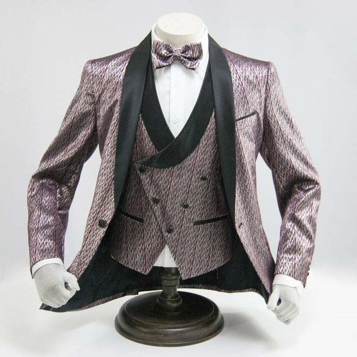 Burgundy Metallic Patterned 3-Piece Tailored-Fit Tuxedo