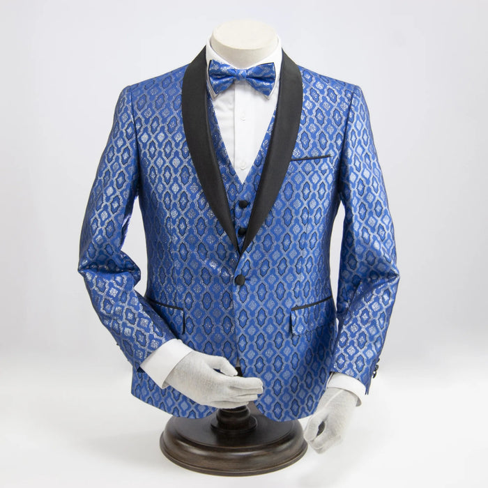 Blue Patterned 3-Piece Slim-Fit Tuxedo