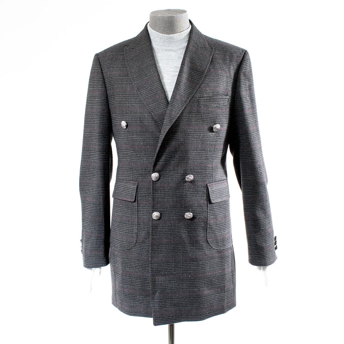 Charcoal Plaid Slim-Fit Buckled Peacoat