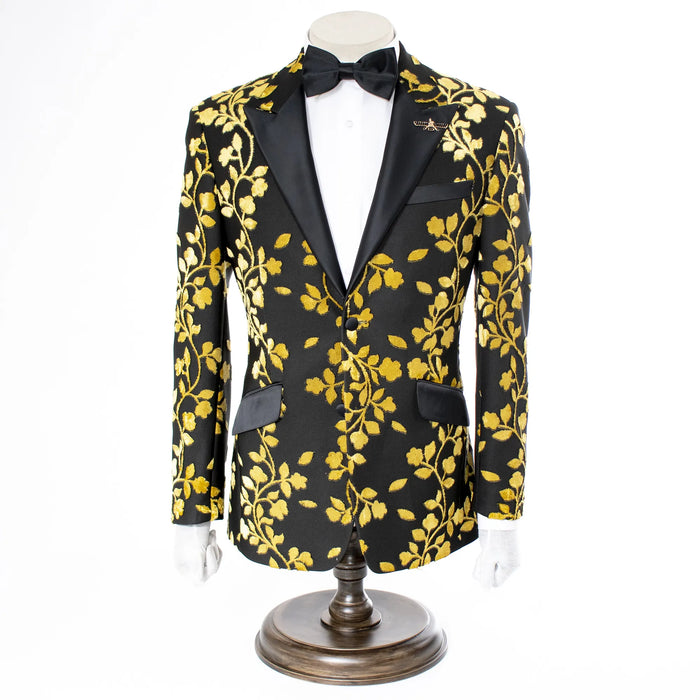 Black and Gold Floral Slim-Fit Jacket With Peak Lapels