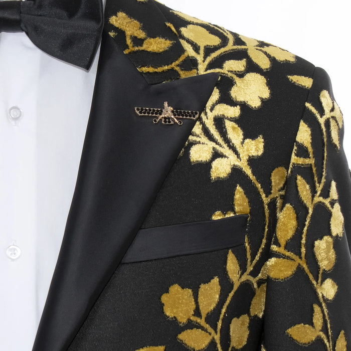 Black and Gold Floral Slim-Fit Jacket With Peak Lapels