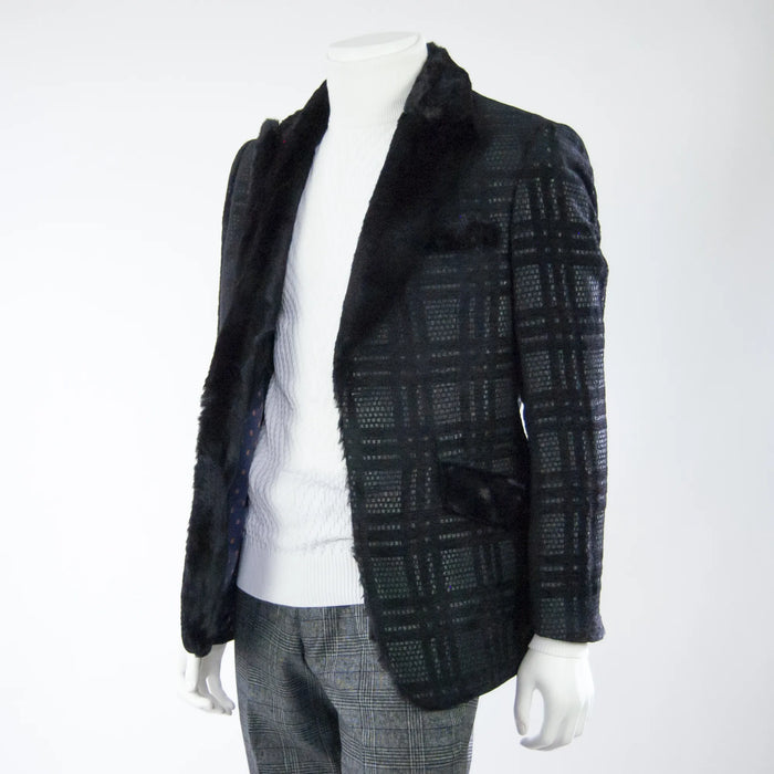 Black Plaid Fur Slim-Fit Coat