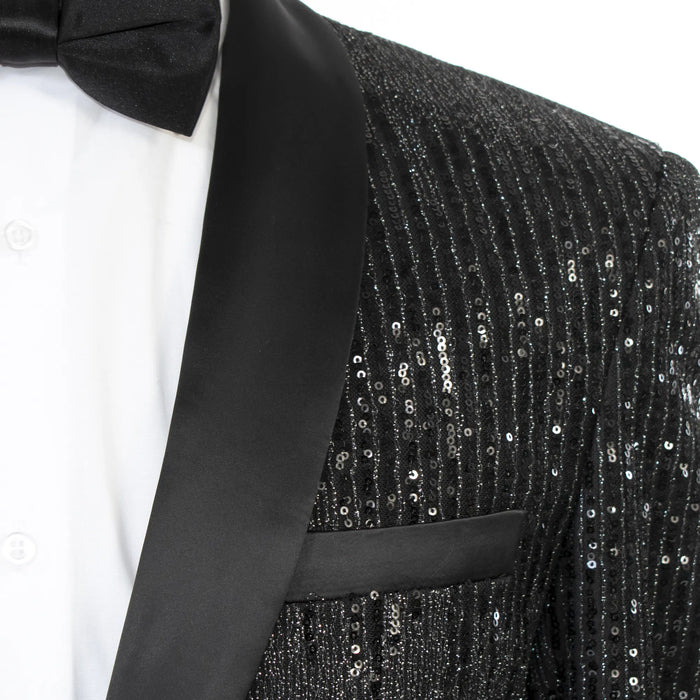 Black Sequined Slim-Fit Jacket With Shawl Lapels