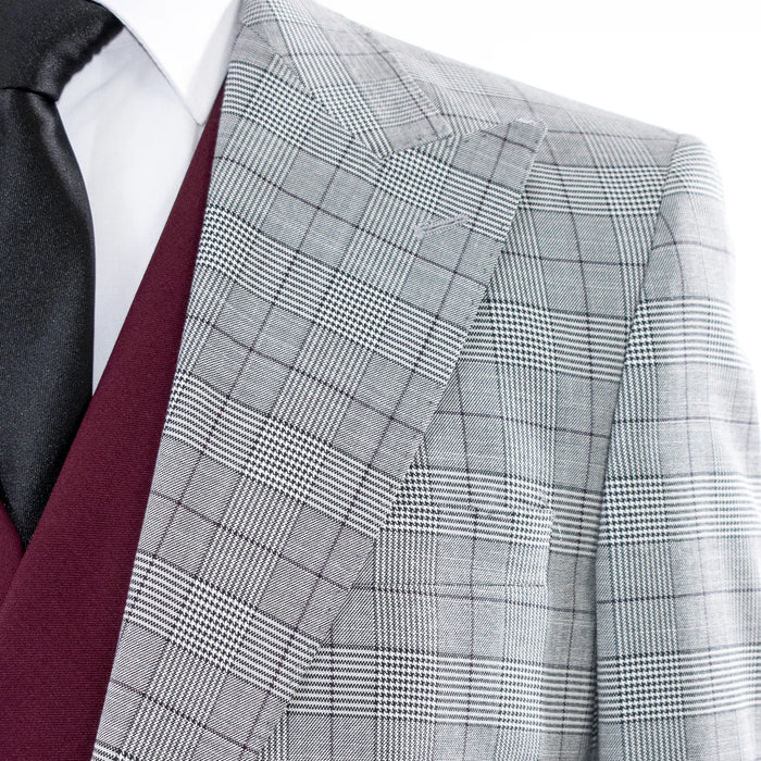 Men's Burgundy And Gray Dupplin Plaid 3-Piece Suit