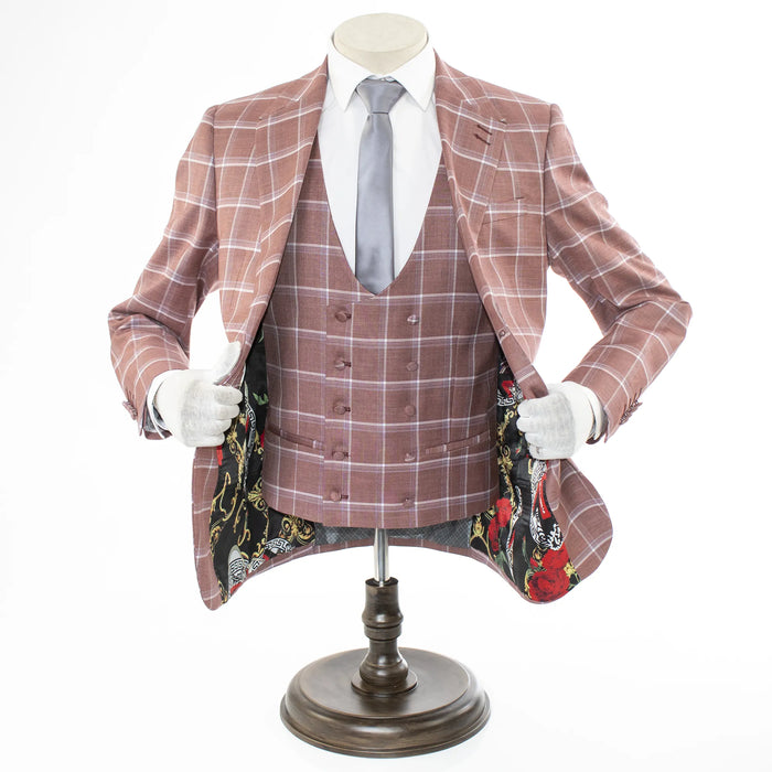 Men's Maroon Plaid 3-Piece Modern-Fit Suit And Double Breasted Vest