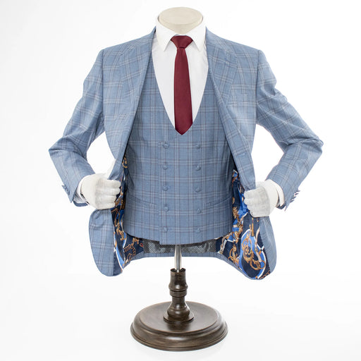 Men's Teal Blue Plaid 3-Piece Modern-Fit Suit And Double Breasted Vest