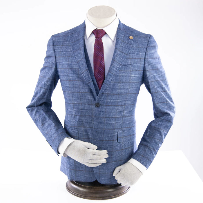 Blue and Brown Checked Designer 3-Piece Suit