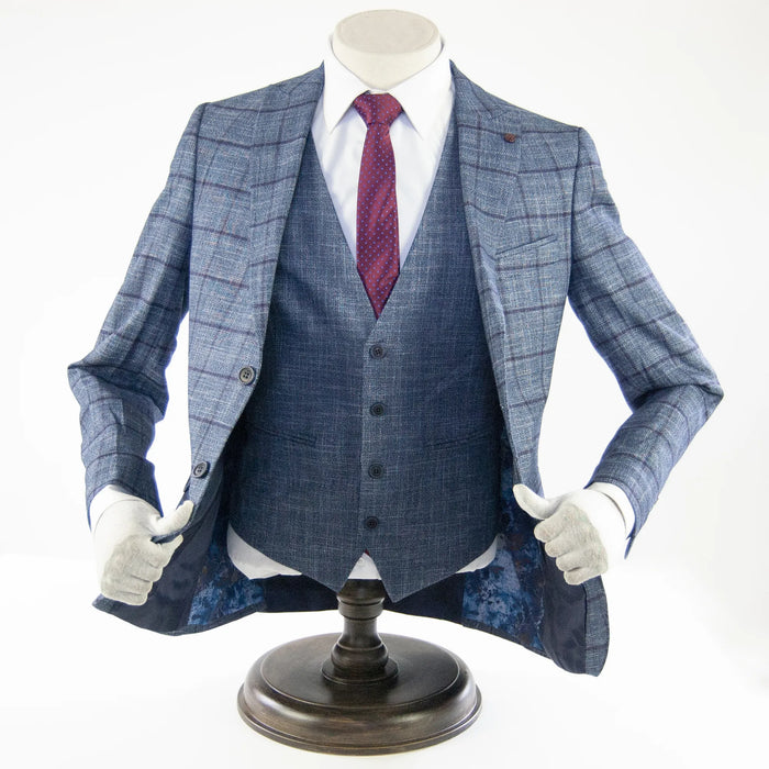 Blue and Burgundy Checked Designer 3-Piece Suit