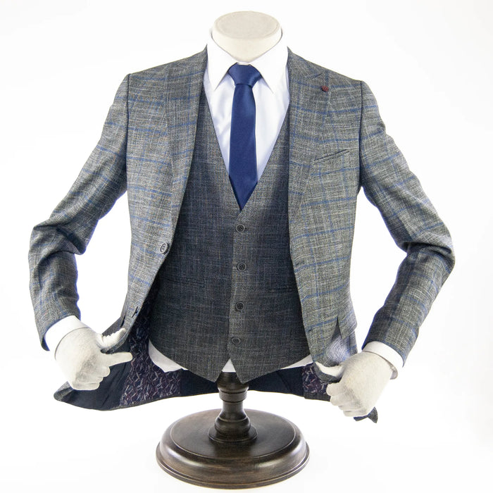 Dark Gray and Blue Checked Designer 3-Piece Suit