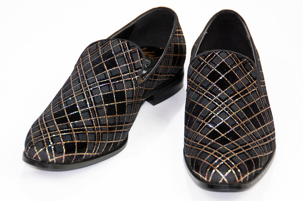 black and gray loafers with gold glitter pattern