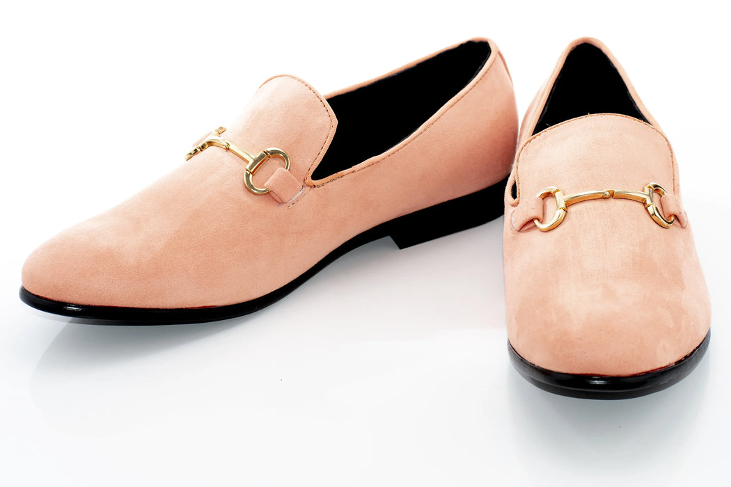 Men's Peach Pink Suede Leather Dress Loafer With Gold Chrome Bit