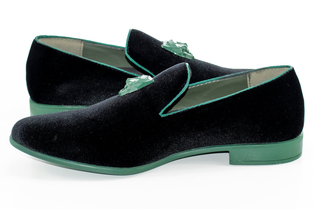 Green and Black Velvet Smoking Loafer with Lion Bit