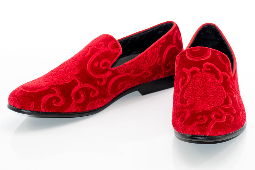 Men's Red Velvet Embroidered Dress Loafer