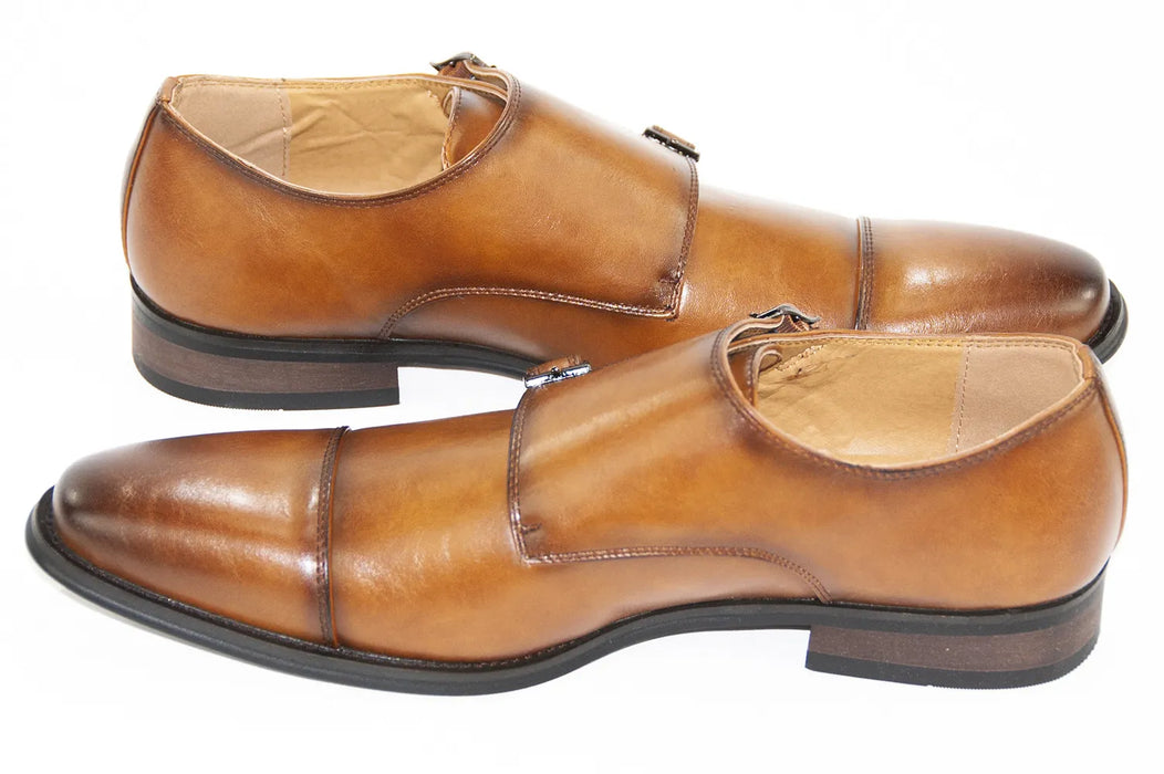 Men's Cognac Brown Leather Double Strapped Monk Strap