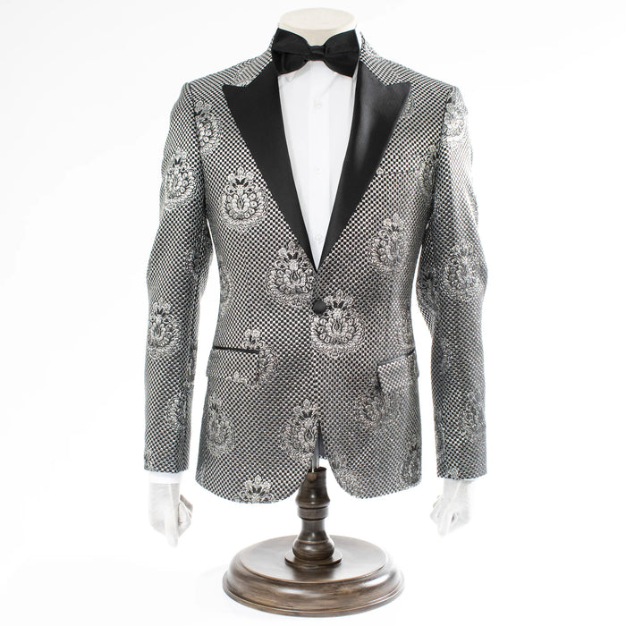 Black Silver Metallic Floral Tailor-Fit Tuxedo Jacket