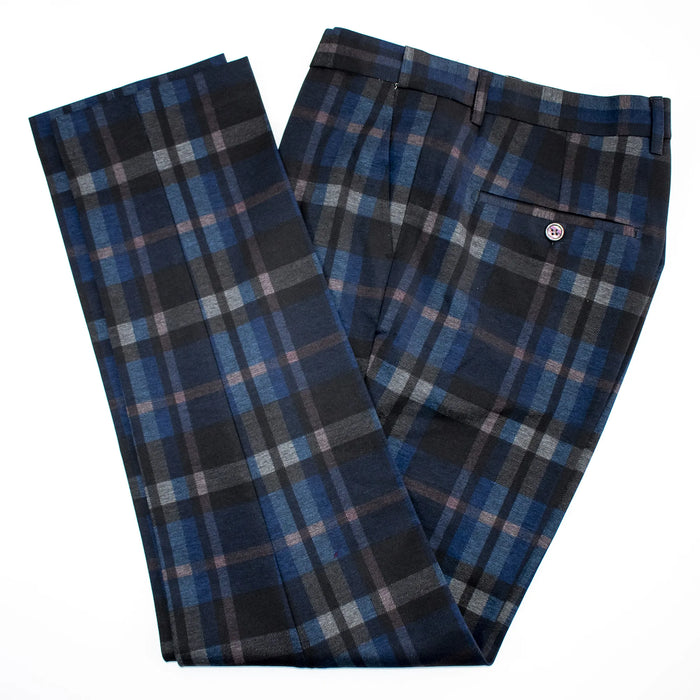 Charcoal And Blue Shepherd's Check Plaid Slim-Fit Dress Pants
