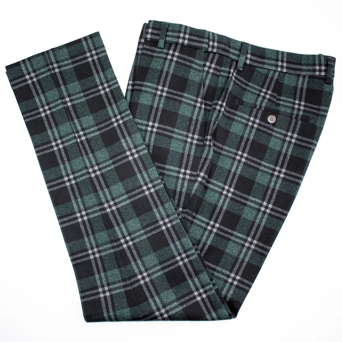 Black And Green Herringbone Plaid Slim-Fit Dress Pants