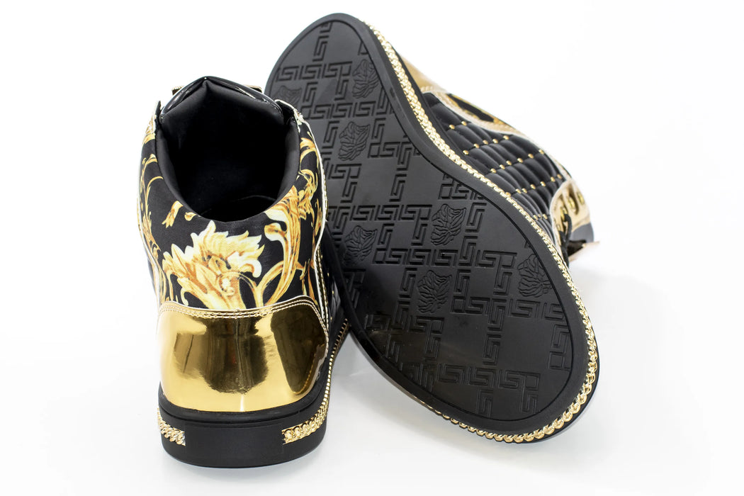 Men's Black And Gold Quilted High-Top Sneakers