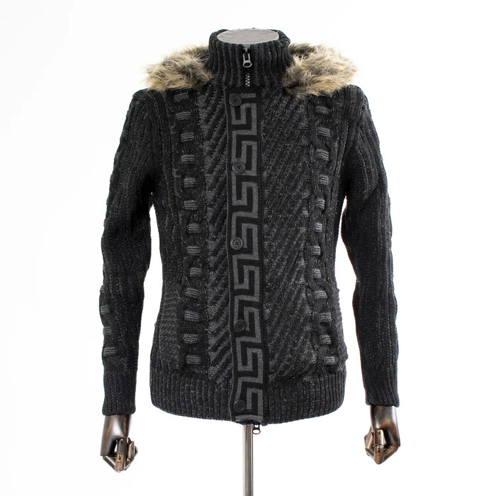Black Grecian Regular-Fit Cardigan Button-Up Sweater With Fur Hood