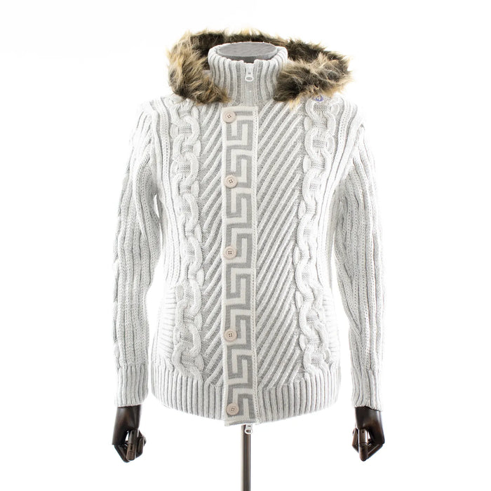 Light Gray Grecian Regular-Fit Cardigan Button-Up Sweater With Fur Hood