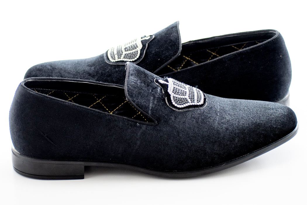 Black Velvet Loafer With Jeweled Crown Piece