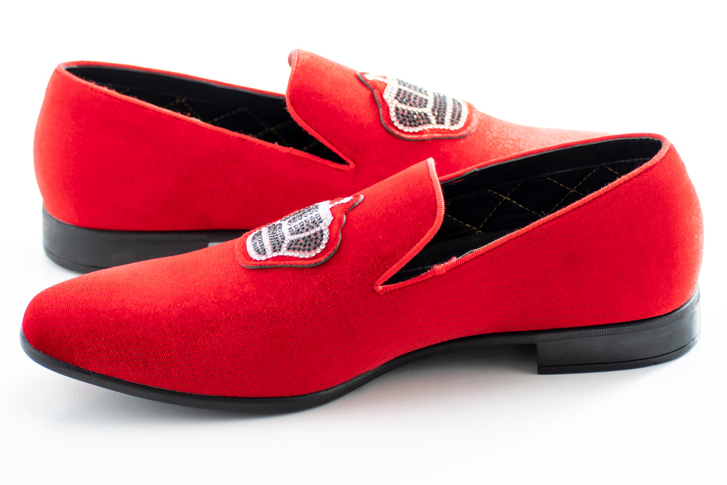 Red Velvet Loafer With Jeweled Crown Piece