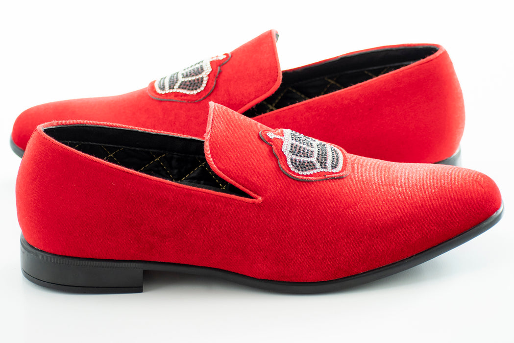 Red Velvet Loafer With Jeweled Crown Piece