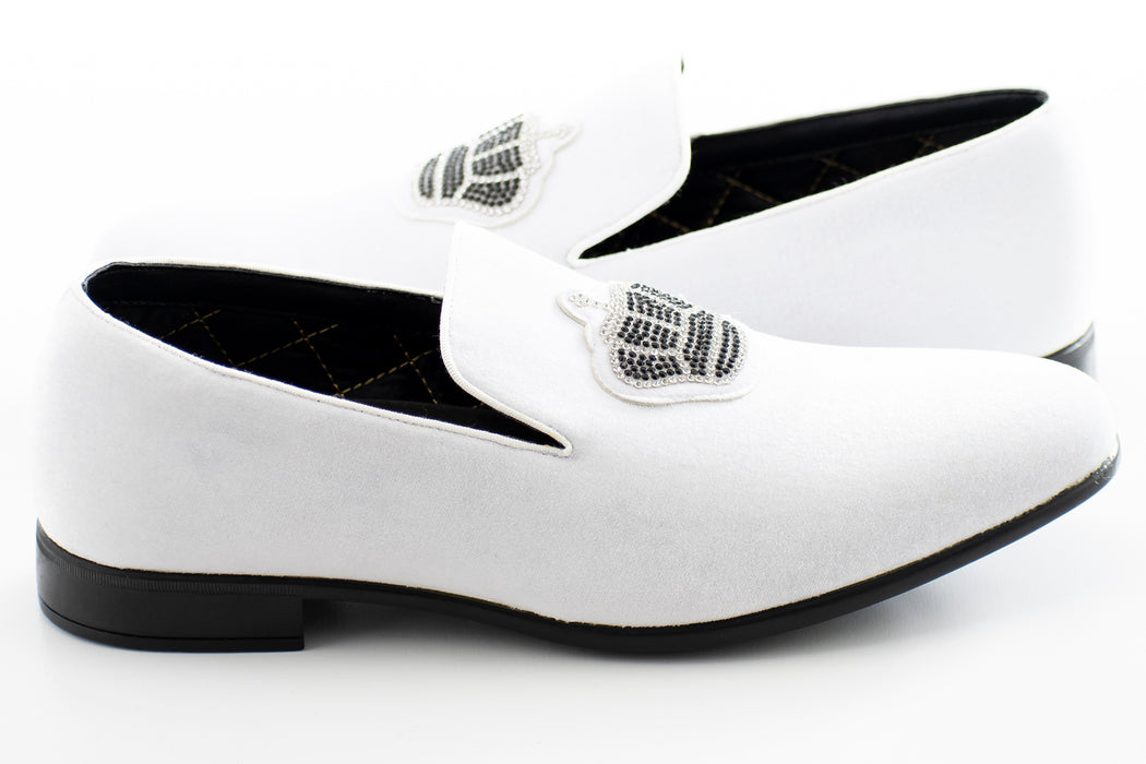 White Velvet Loafer With Jeweled Crown Piece