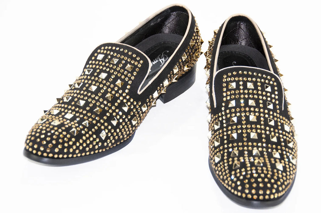 Black with Gold Spiked Rhinestones Smoking Loafer