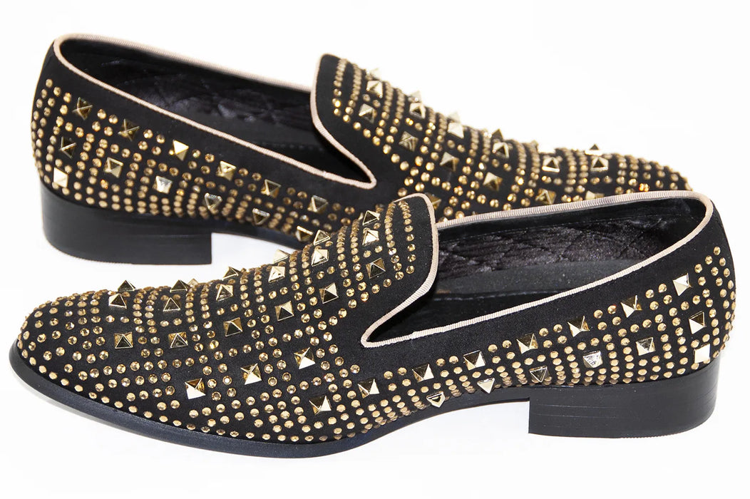 Black with Gold Spiked Rhinestones Smoking Loafer