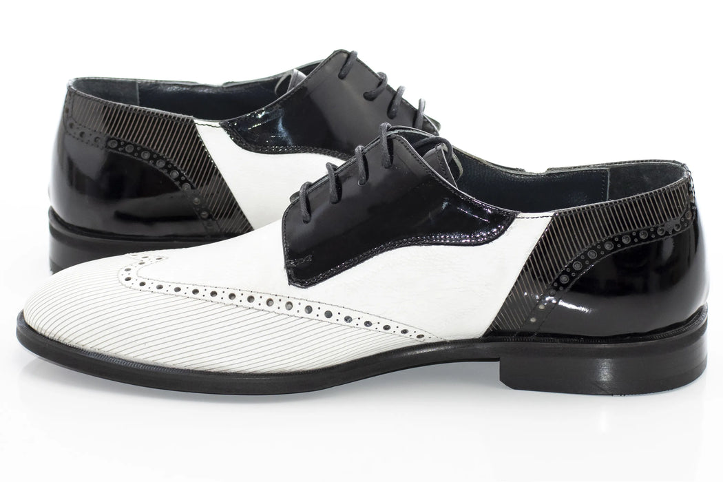 White Brogue Leather with Black Patent Leather Derby Lace-Ups