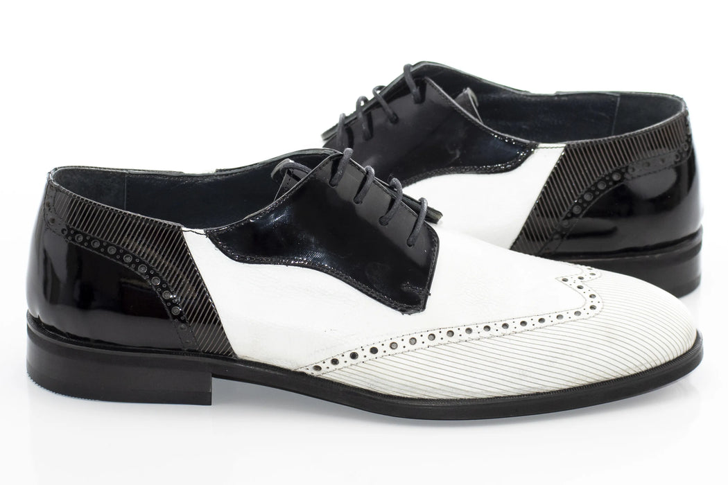 White Brogue Leather with Black Patent Leather Derby Lace-Ups