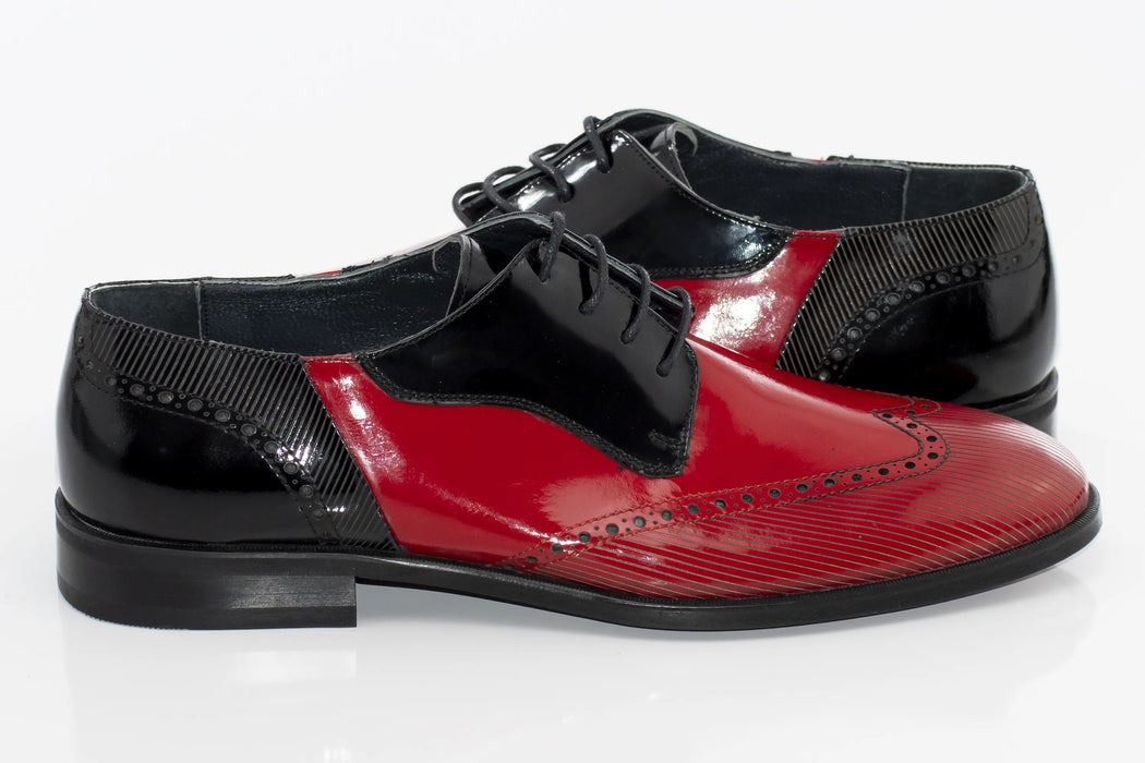 Red Brogue Leather With Black Patent Leather Derby Lace-Ups