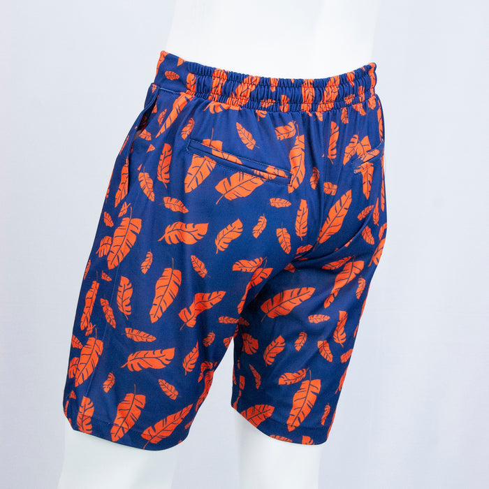 Blue & Orange Leaf Patterned Plaid Shorts