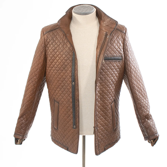 Brown Diamond-Stitch Regular-Fit Leather Jacket