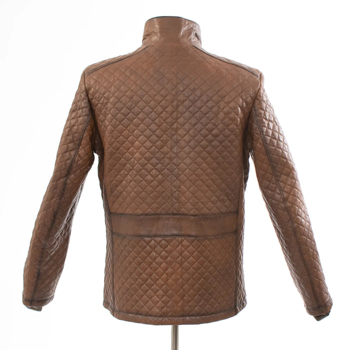 Brown Diamond-Stitch Regular-Fit Leather Jacket