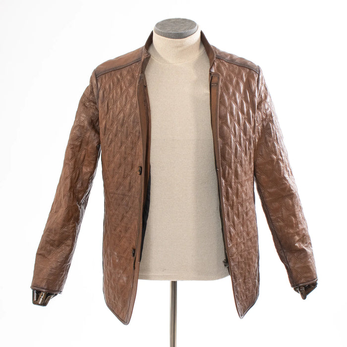 Brown Diamond-Stitch Buttoned Regular-Fit Leather Jacket