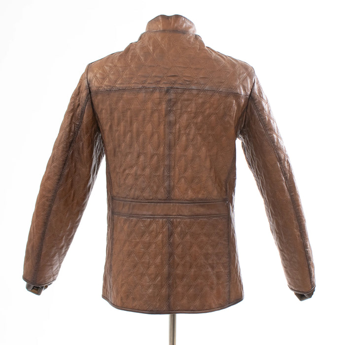 Brown Diamond-Stitch Buttoned Regular-Fit Leather Jacket