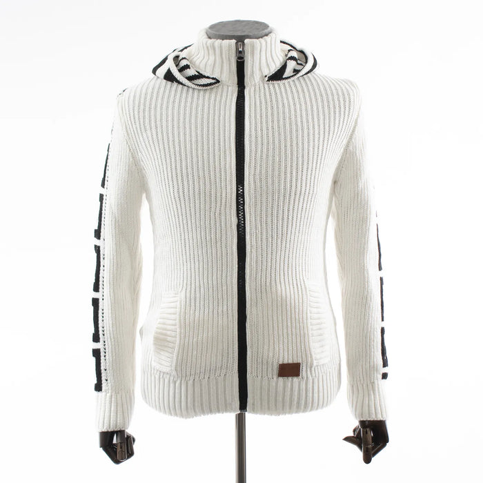 White And Black Grecian Regular-Fit Zip-Up Cardigan Hooded Sweater