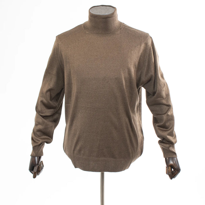 Men's Dark Khaki Long Sleeved Turtleneck Sweater - Ribbed Cuffs and Neck