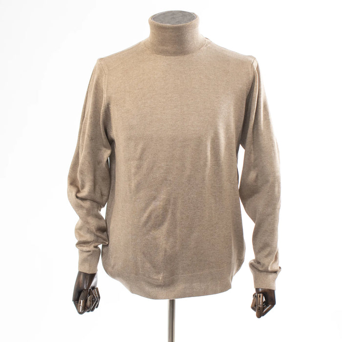 Men's Khaki Long Sleeved Turtleneck Sweater - Ribbed Cuffs and Neck