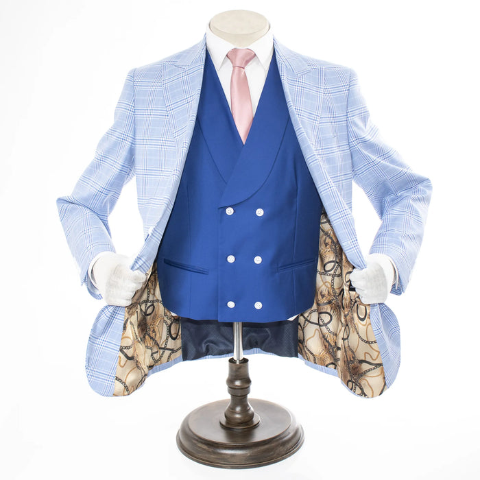 Blue 3-Piece Modern-Fit Plaid Suit With Peak Lapels