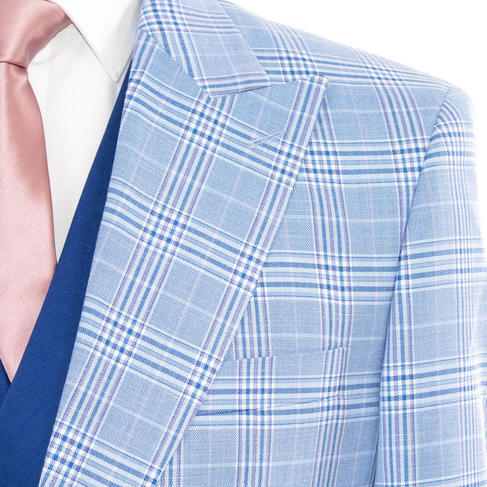 Blue 3-Piece Modern-Fit Plaid Suit With Peak Lapels
