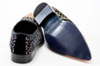 Men's Black And Gold Metal-Tipped Velvet Loafers Rear And Sole
