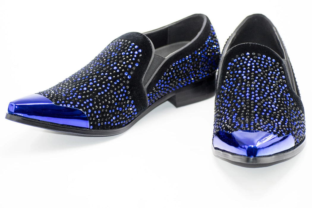 Black Velvet & Royal Blue Jeweled Smoking Loafers With Metal Tip