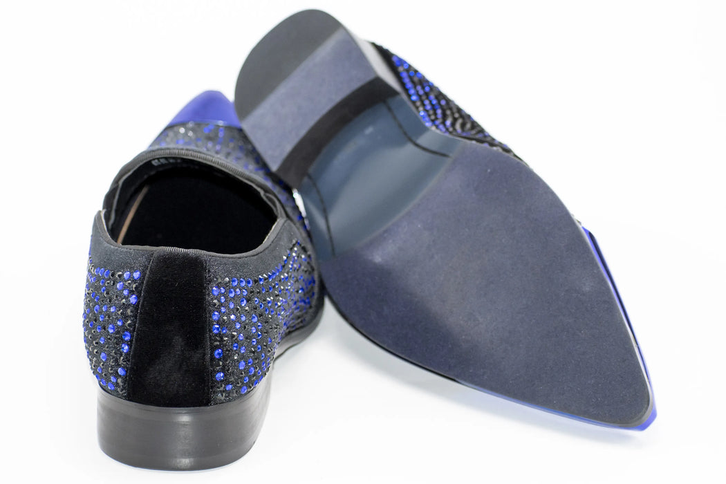 Black Velvet & Royal Blue Jeweled Smoking Loafers With Metal Tip